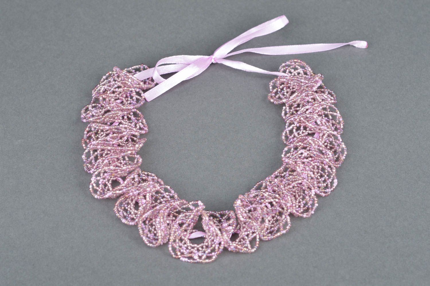 Beautiful lavender handmade designer beaded lace necklace with satin ribbons photo 5
