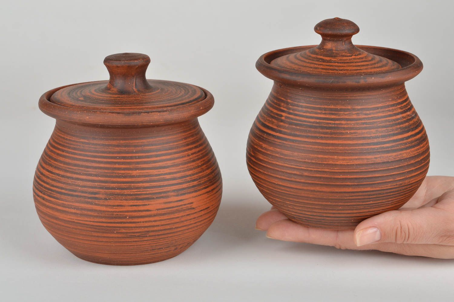 Potes con tapa hechos a mano para asado utensilios de cocina vasijas de arcilla foto 3