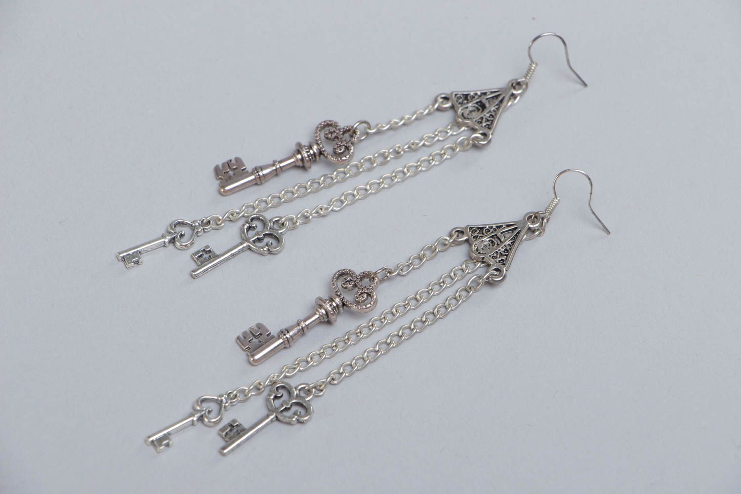 Handmade metal earrings with long chains and keys beautiful summer accessory photo 2