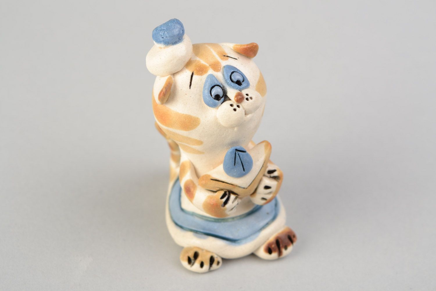 Handmade designer small ceramic figurine of coquettish kitten painted with glaze photo 4