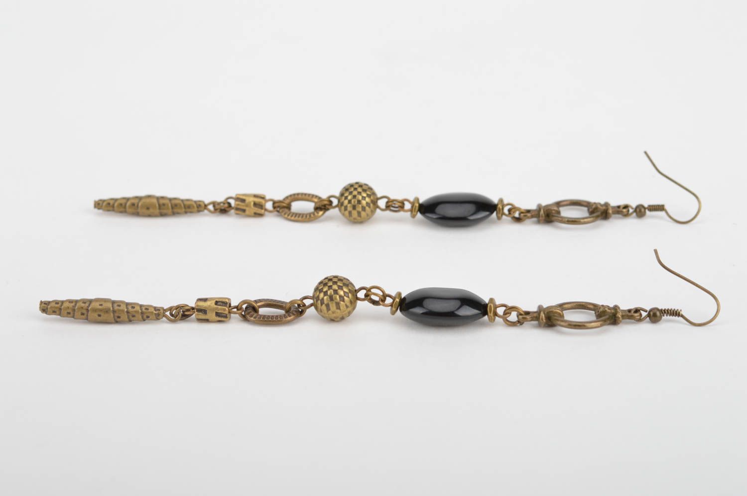 Handmade elegant long metal earrings with black beads ethnic Black Eye photo 5