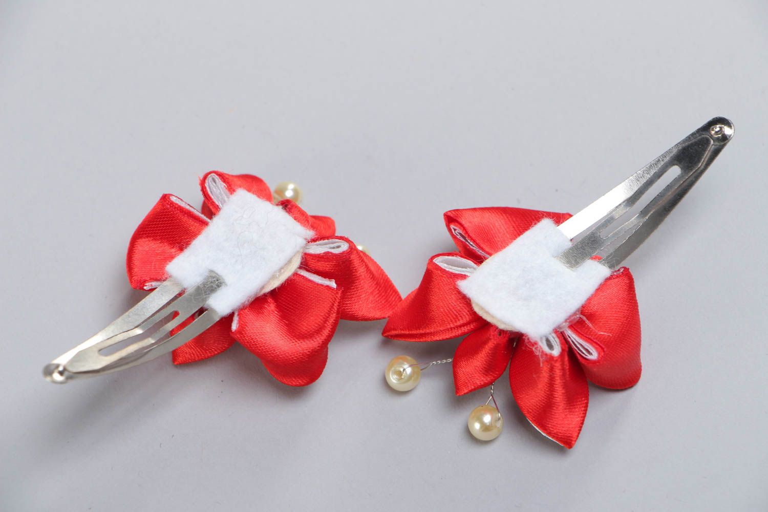 Handmade hairpins made of satin ribbons set of 2 pieces red with white hair accessories photo 4