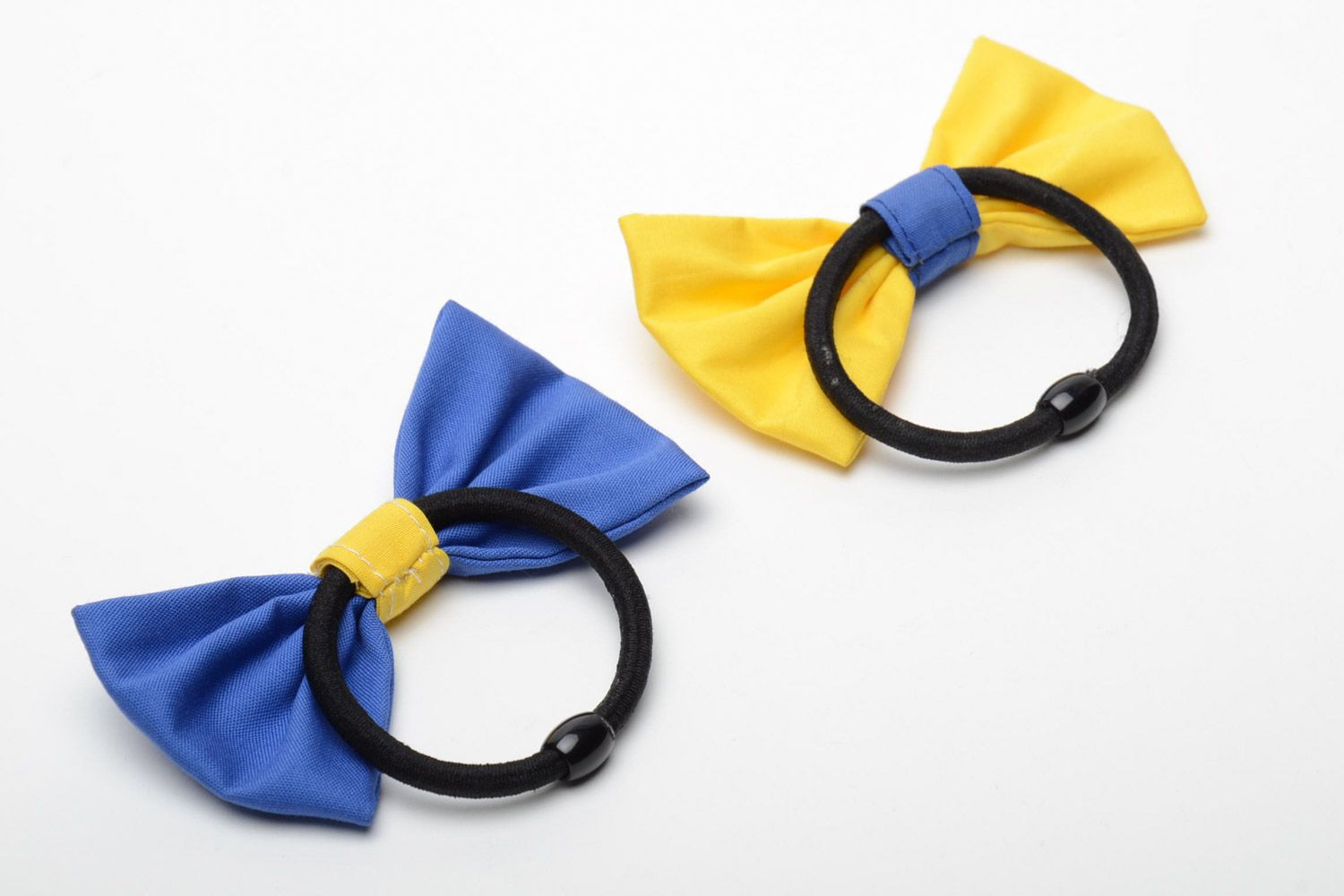 Set of handmade fabric bow hair ties 2 items yellow and blue hair accessories photo 3
