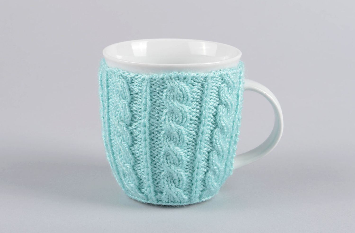 White teacup with handle and knitted cover in any color photo 1