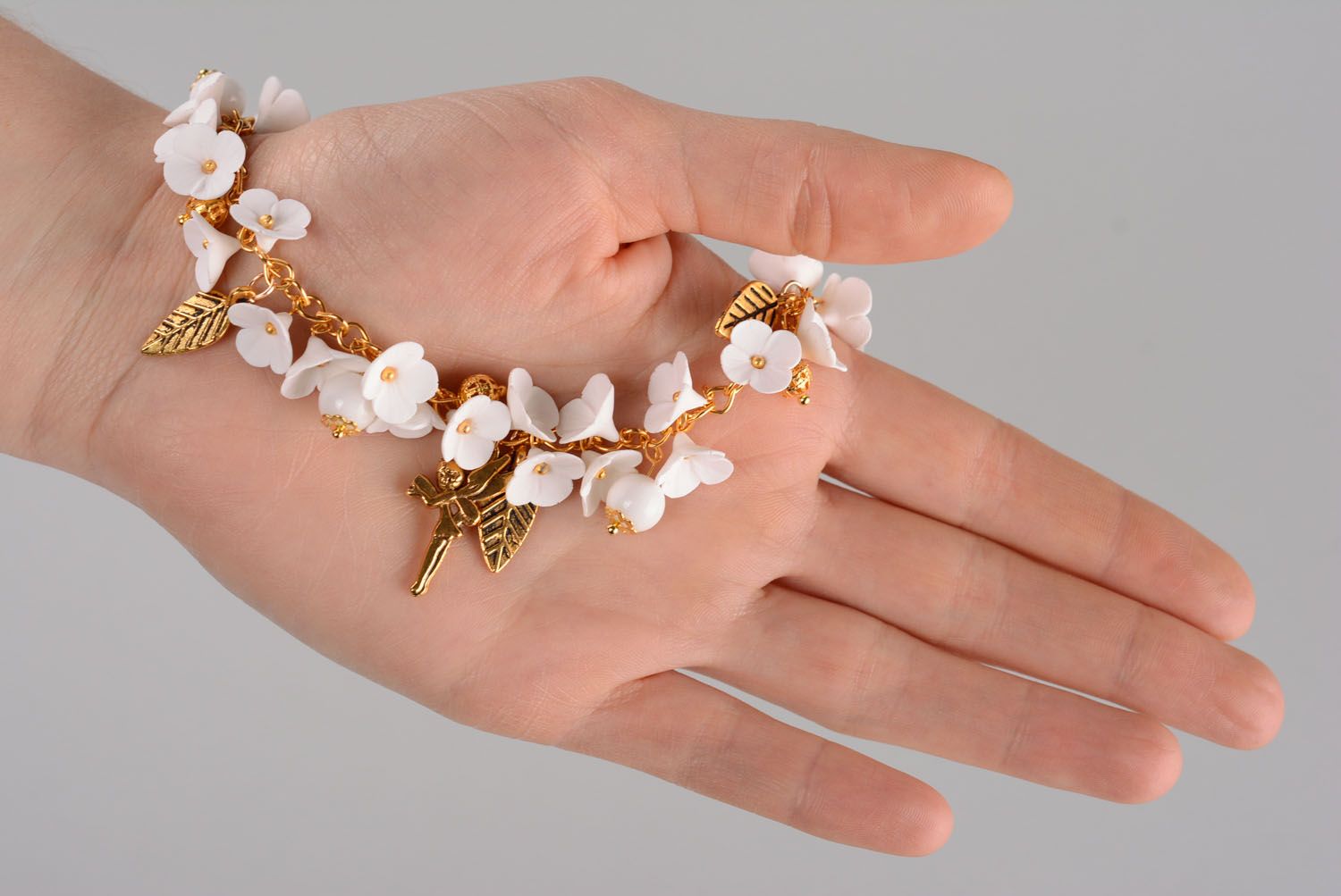 Polymer clay wrist bracelet White Lilac photo 5
