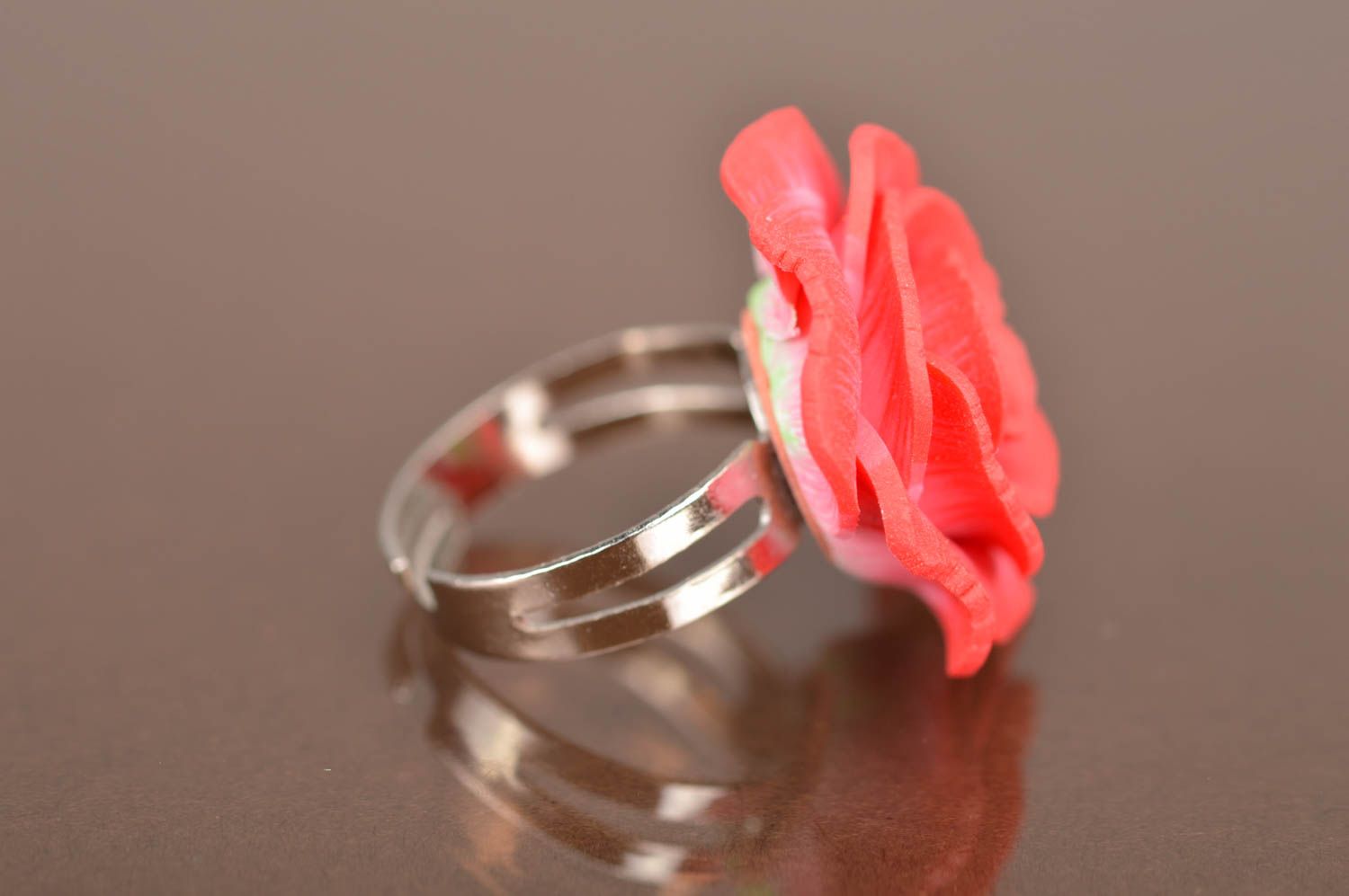 Handmade ring with metal basis and polymer clay volume red rose flower photo 3