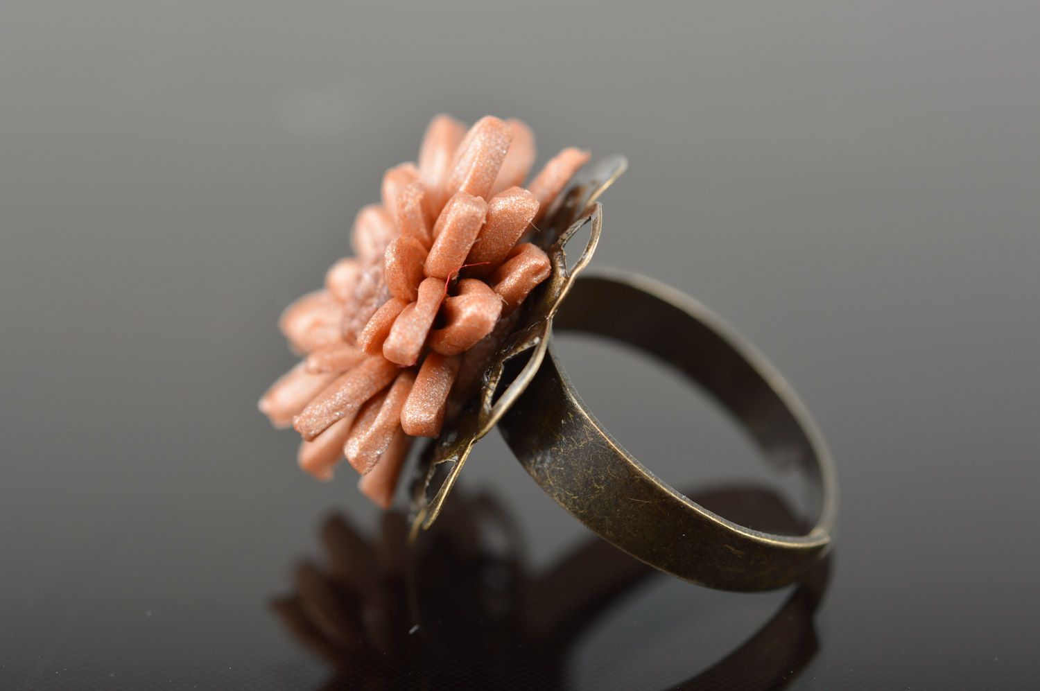 Tender beautiful handmade ring with flower molded of polymer clay for women photo 3