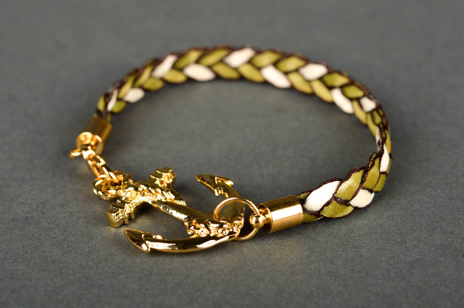 Handmade gold colored women bracelet with anchor thin bracelet made with ribbons photo 3