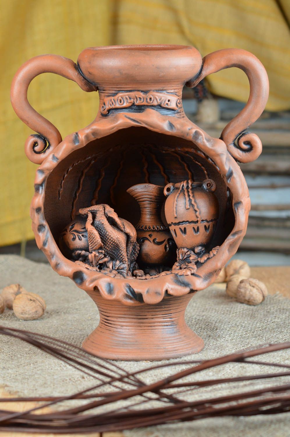 Petit vase en céramique décoratif brun fait main original Cave à vin ethnique photo 1
