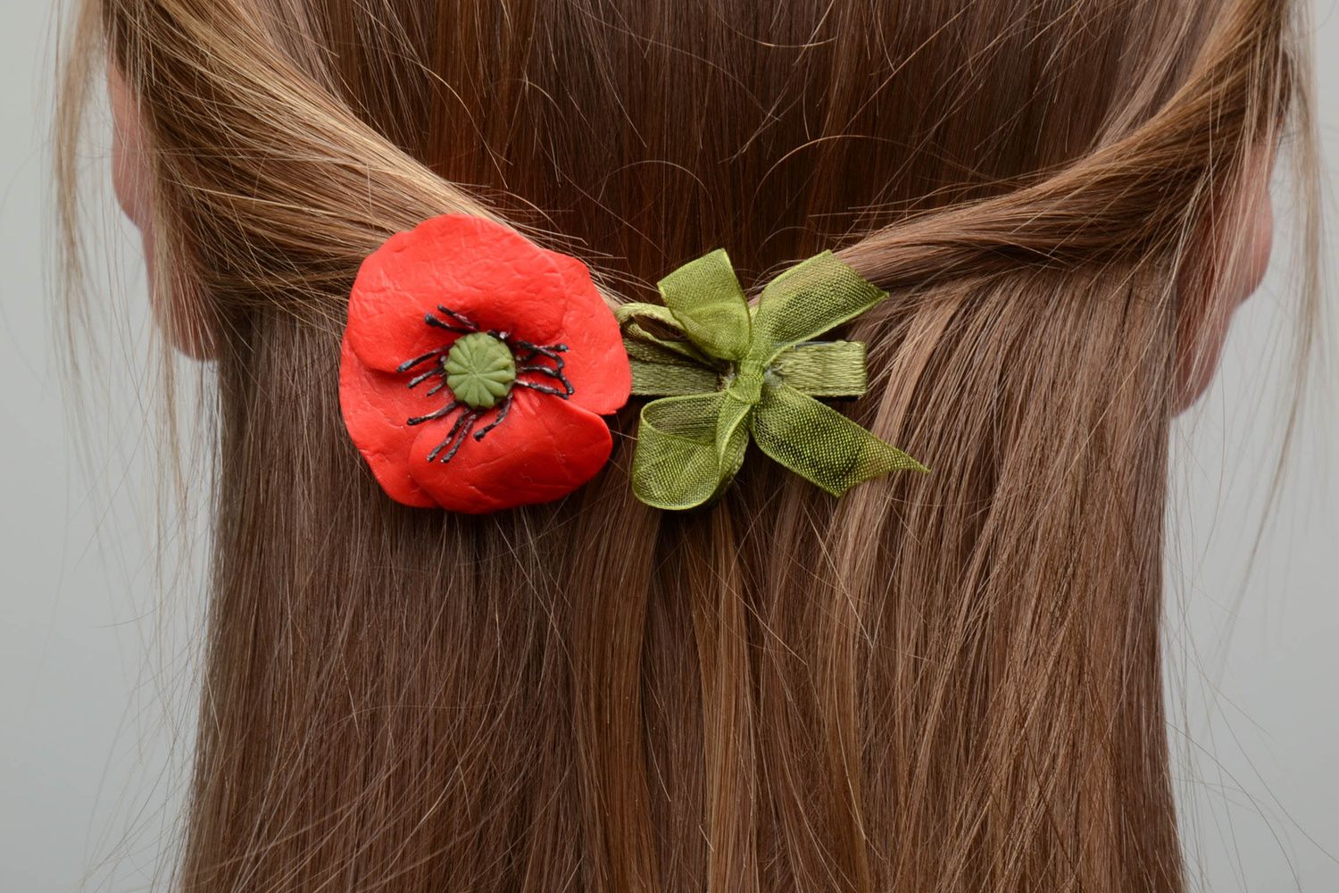 Barrette à cheveux avec fleur Pavot en pâte polymère photo 5