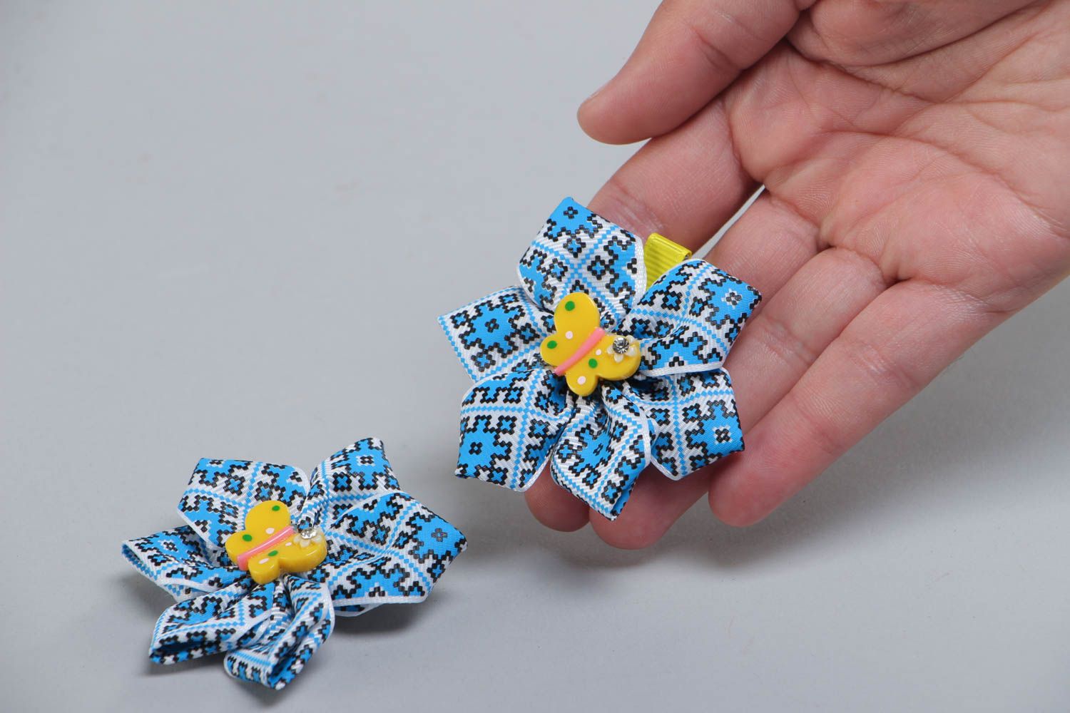 Bright blue handmade children's textile hair bows set 2 pieces photo 5