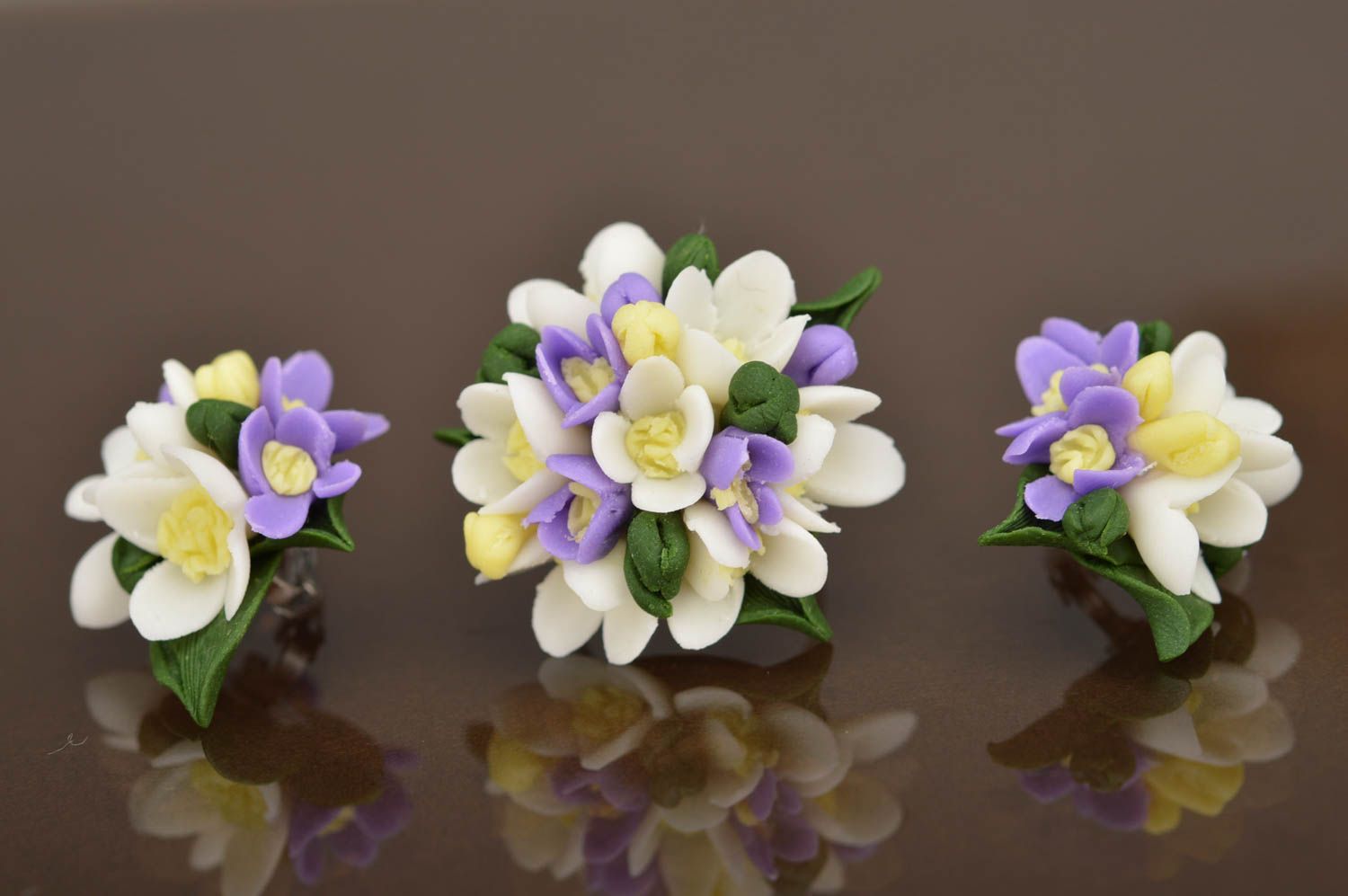 Set de bijoux faits main bague et boucles d'oreilles en forme de boules fleurs photo 2