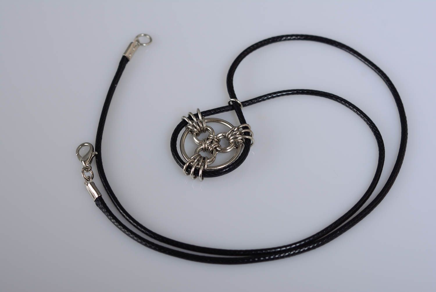 Unusual woven handmade designer black metal neck pendant on cord chainmail photo 1
