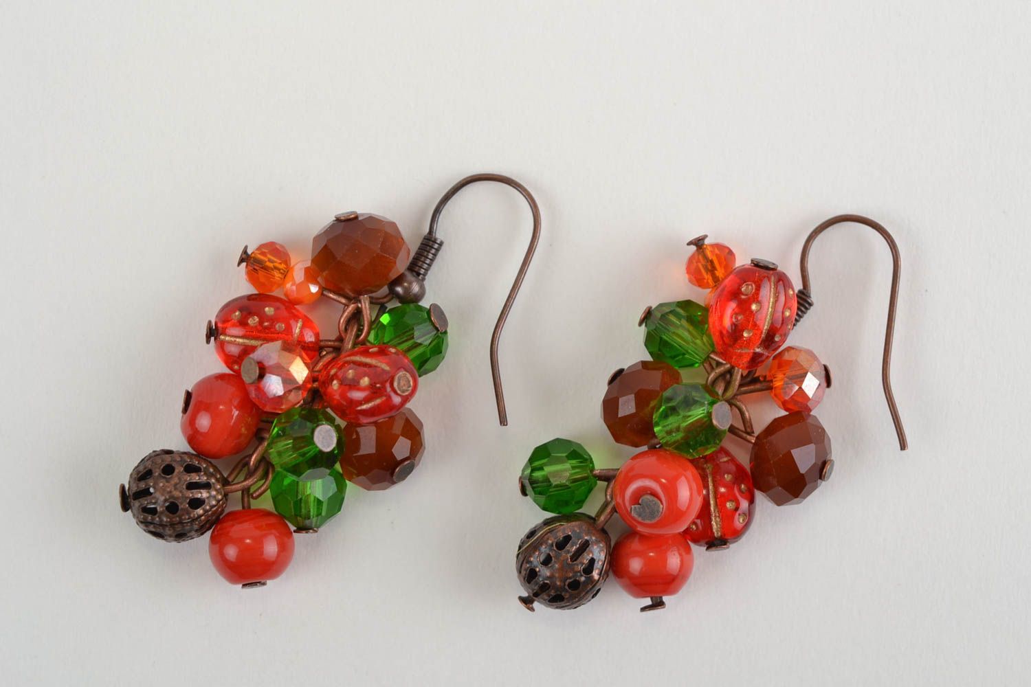 Handmade designer long dangling earrings with jadeite and red glass beads photo 3