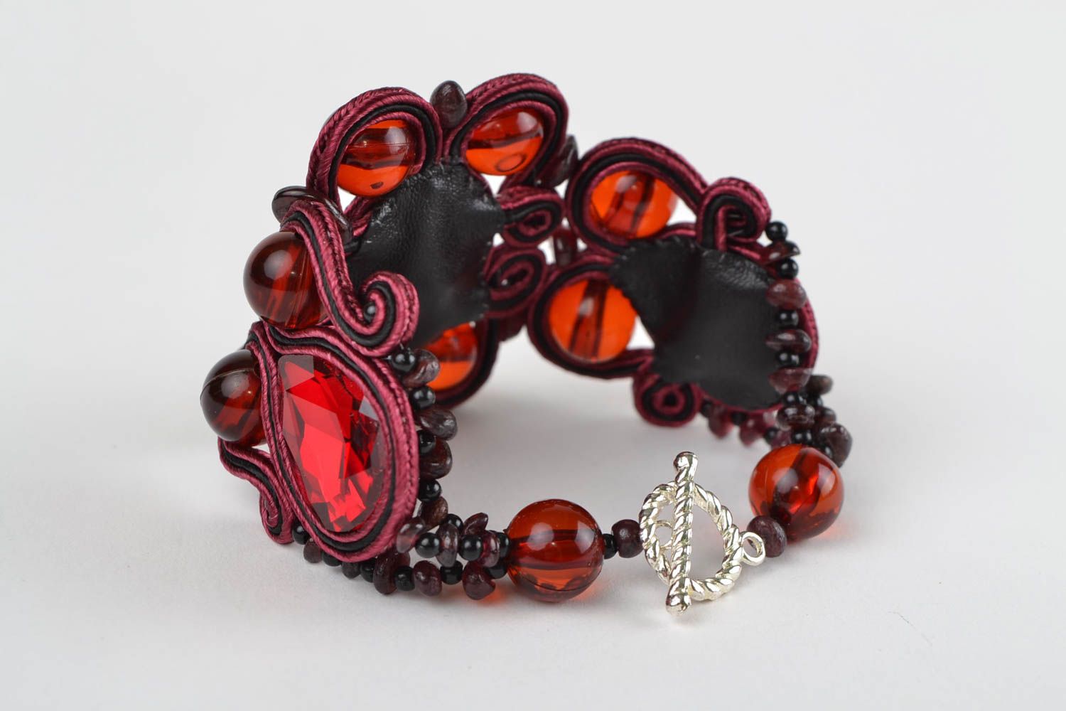 Beautiful dark red handmade soutache bracelet with natural stones photo 5