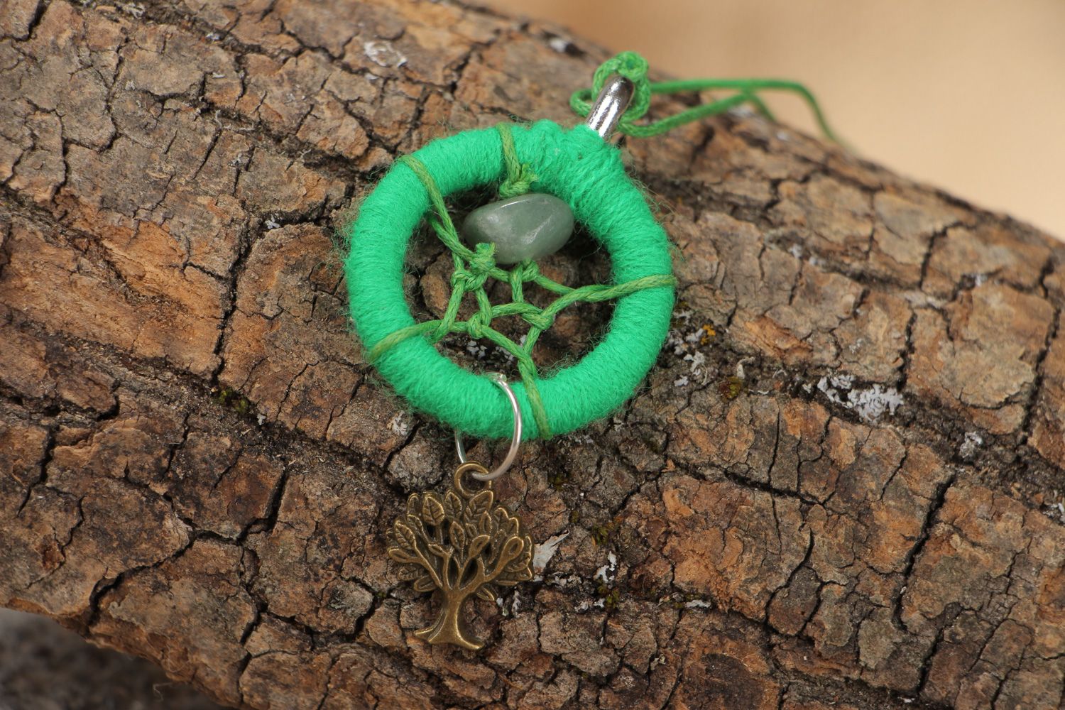 Bright green handmade dreamcatcher pendant necklace with gem jade on cord photo 1