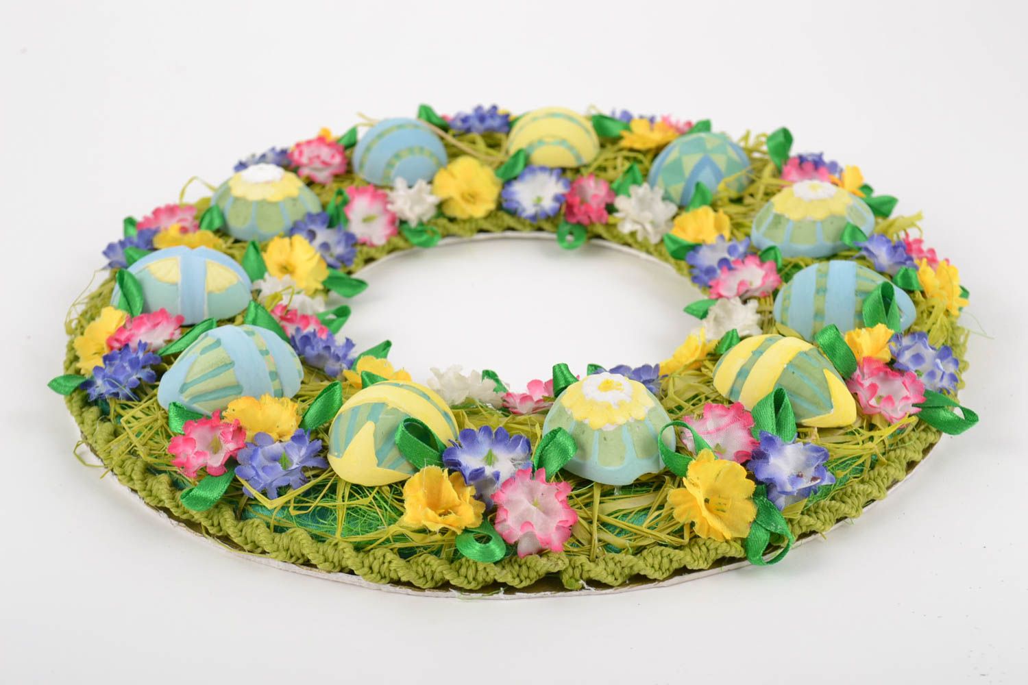 Easter door wreath macrame technique with colorful eggs handmade Easter decor photo 2