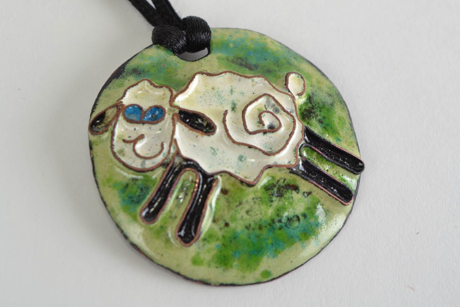 Handmade designer round enameled copper pendant necklace with funny lamb on cord photo 3