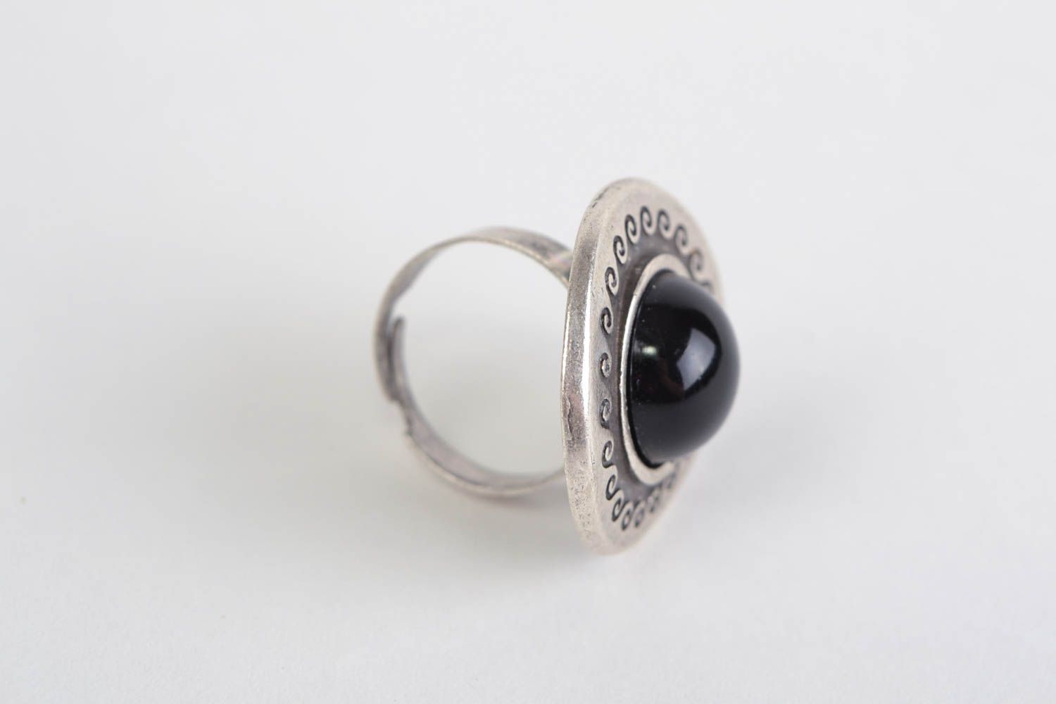 Handmade jewelry ring cast of hypoallergenic metal with black Czech glass bead photo 4