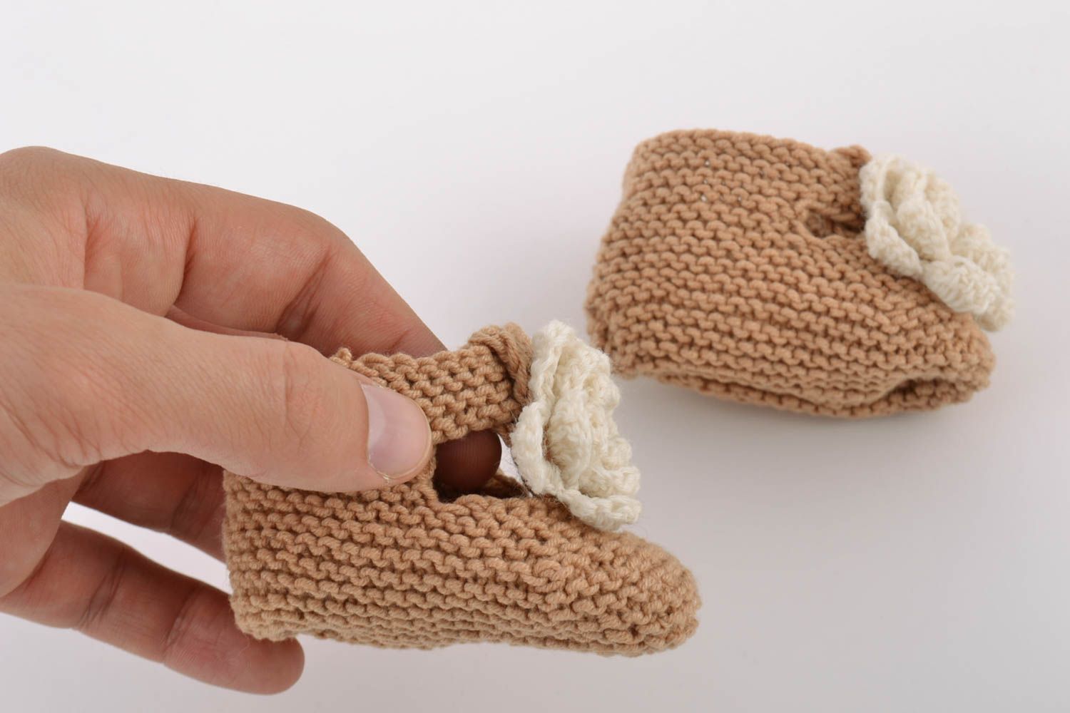 Handmade knitted brown booties made of cotton with flowers for babies photo 5