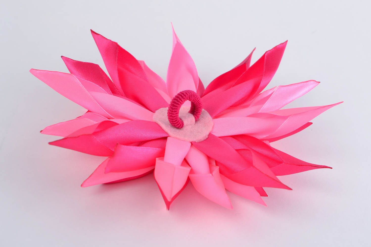 Handmade decorative hair band with bright pink volume ribbon kanzashi flower photo 5