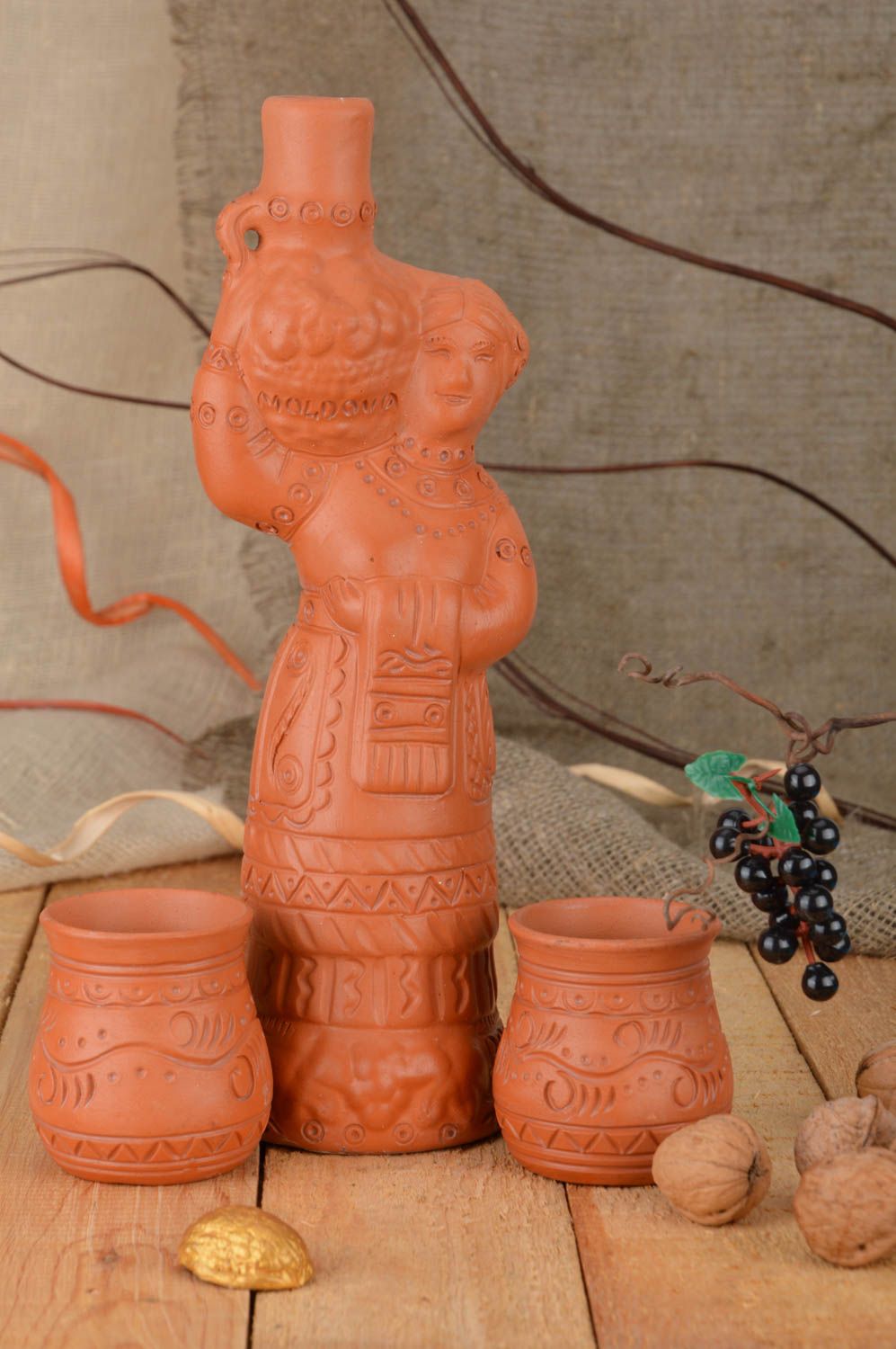 Set of handmade terracotta drinking wine set with two cups with no handles and 25 oz ceramic bottle photo 1