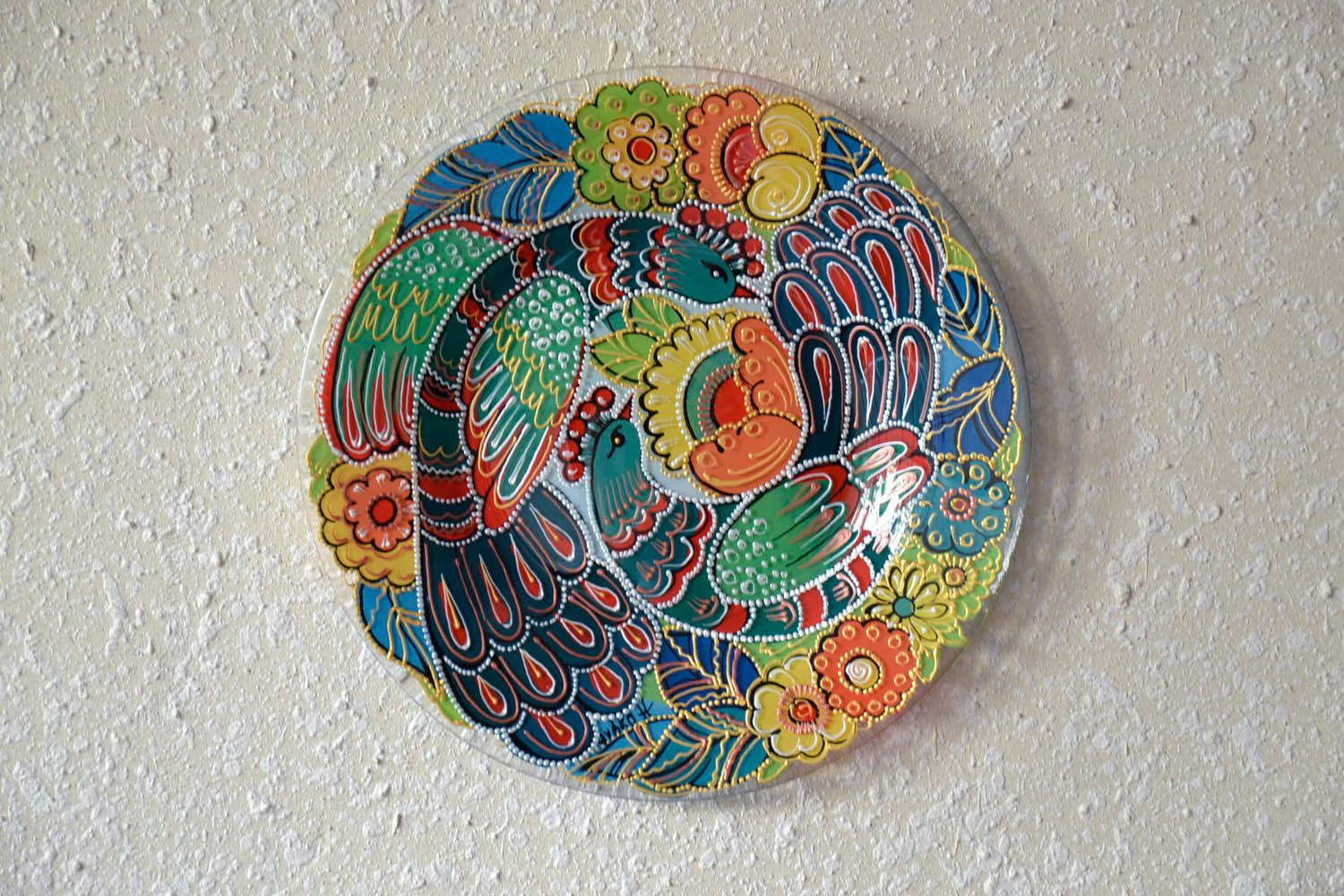 Prato de parede decorativo de vidro com pintura artesanal decoração do interior Pássaro do fogo foto 1