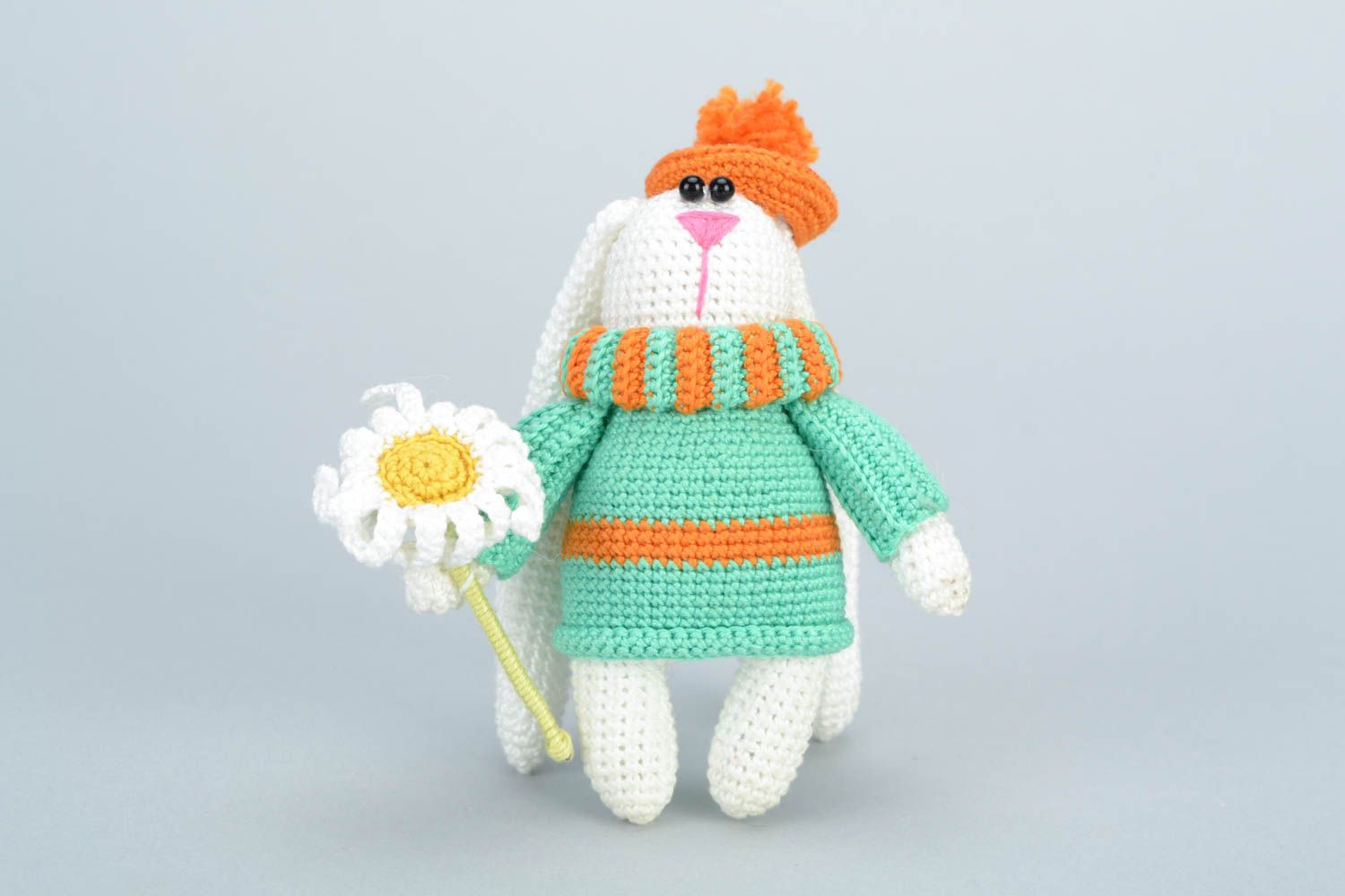 Handmade small soft toy crocheted of cotton threads rabbit in hat with flower photo 3