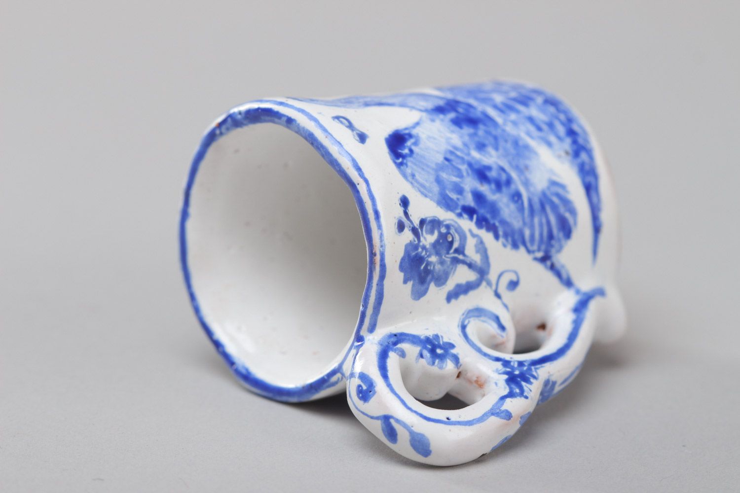 Handmade decorative painted ceramic cup figurine of white and blue colors photo 3