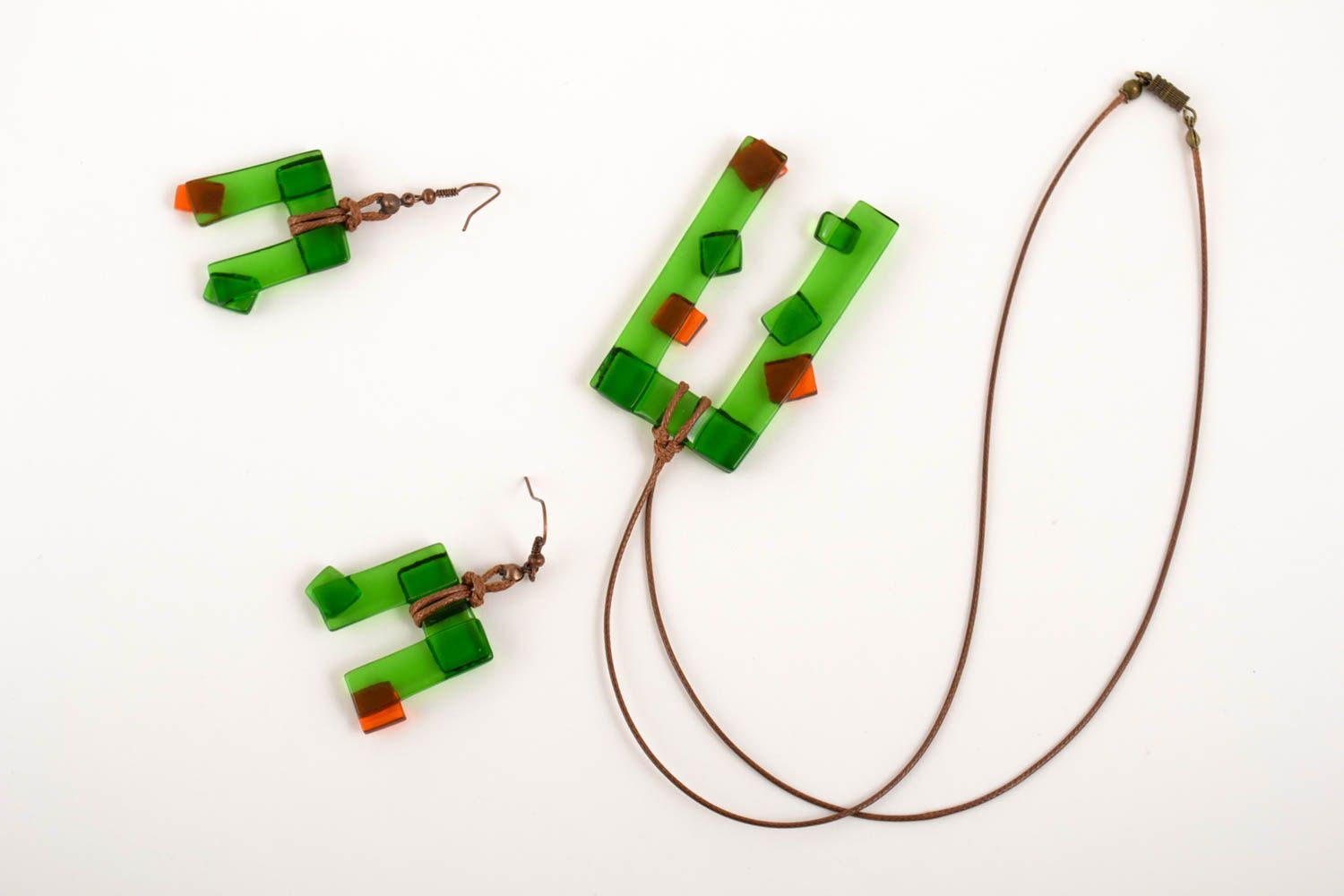 Set of handmade glass pendant and earrings glass bijouterie handmade accessory  photo 2