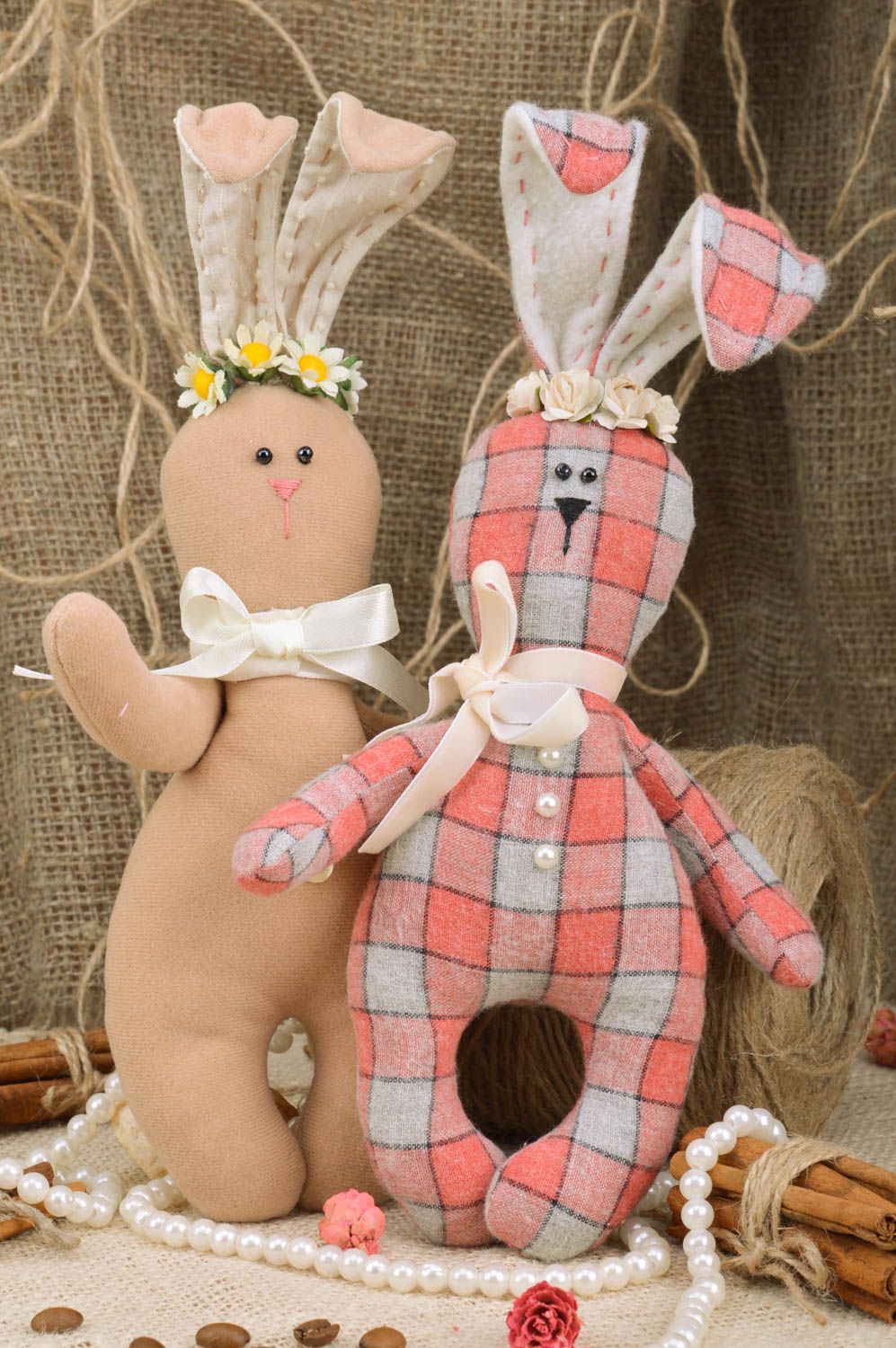 Set of handmade fabric toys 2 pieces cute bunnies beautiful designer interior decor photo 1