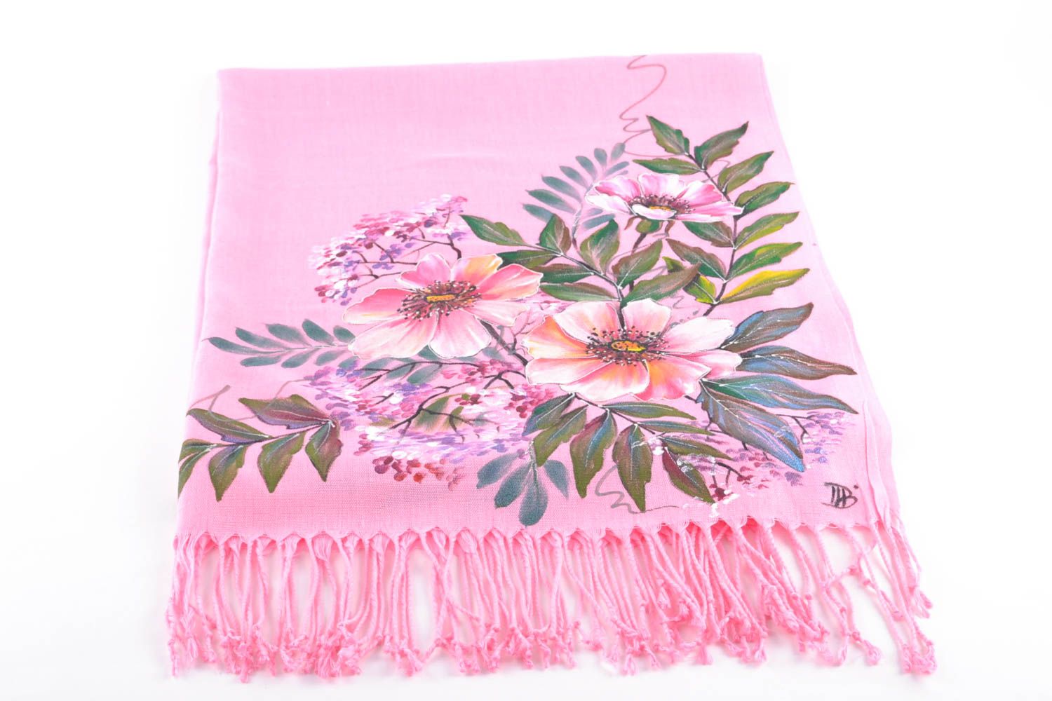 Painted pink cashmere scarf with fringe photo 2