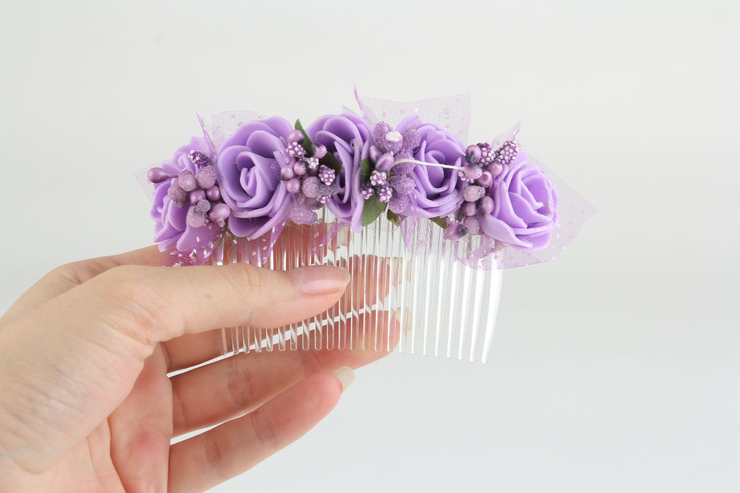 Peigne à cheveux en plastique violet fleurs fait main photo 5