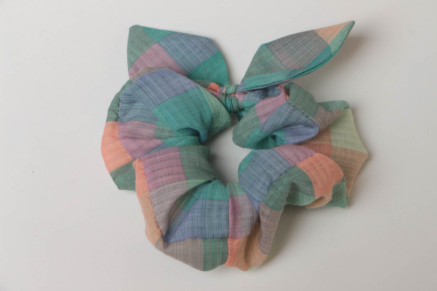 Homemade decorative volume checkered fabric hair tie of pastel colors with bow photo 2