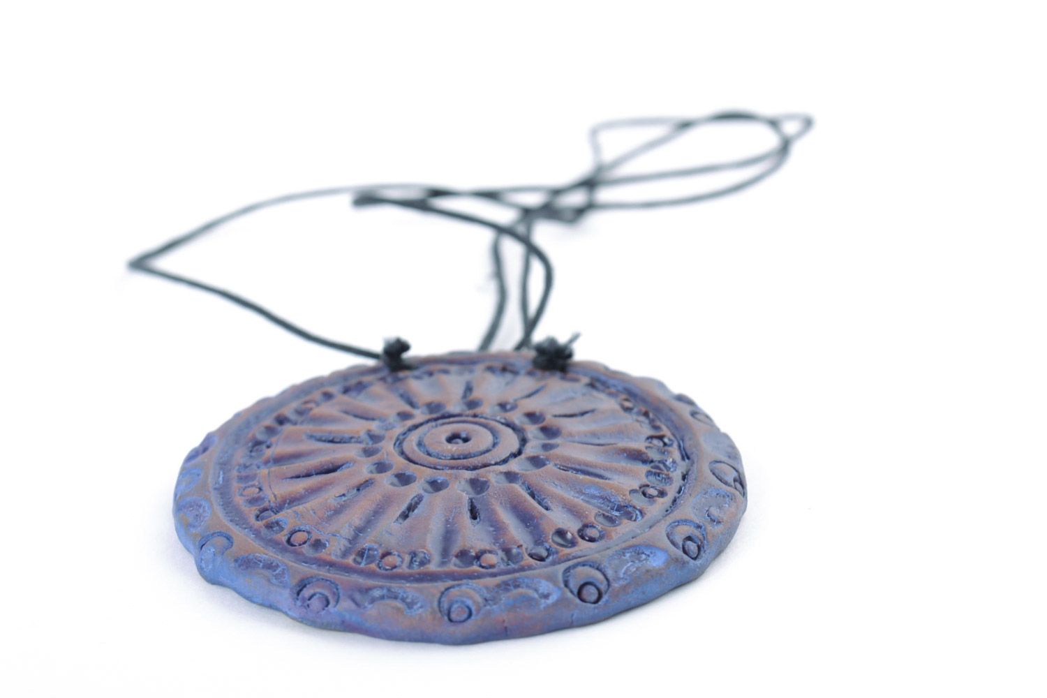 Blue round handmade red clay pendant with cord photo 5