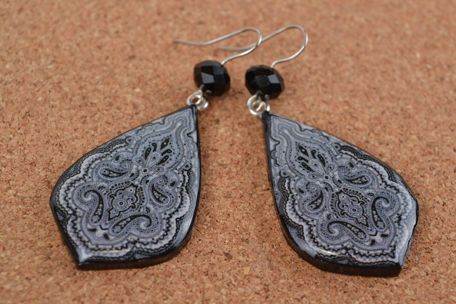 Beautiful black handmade polymer clay drop earrings with decoupage photo 1