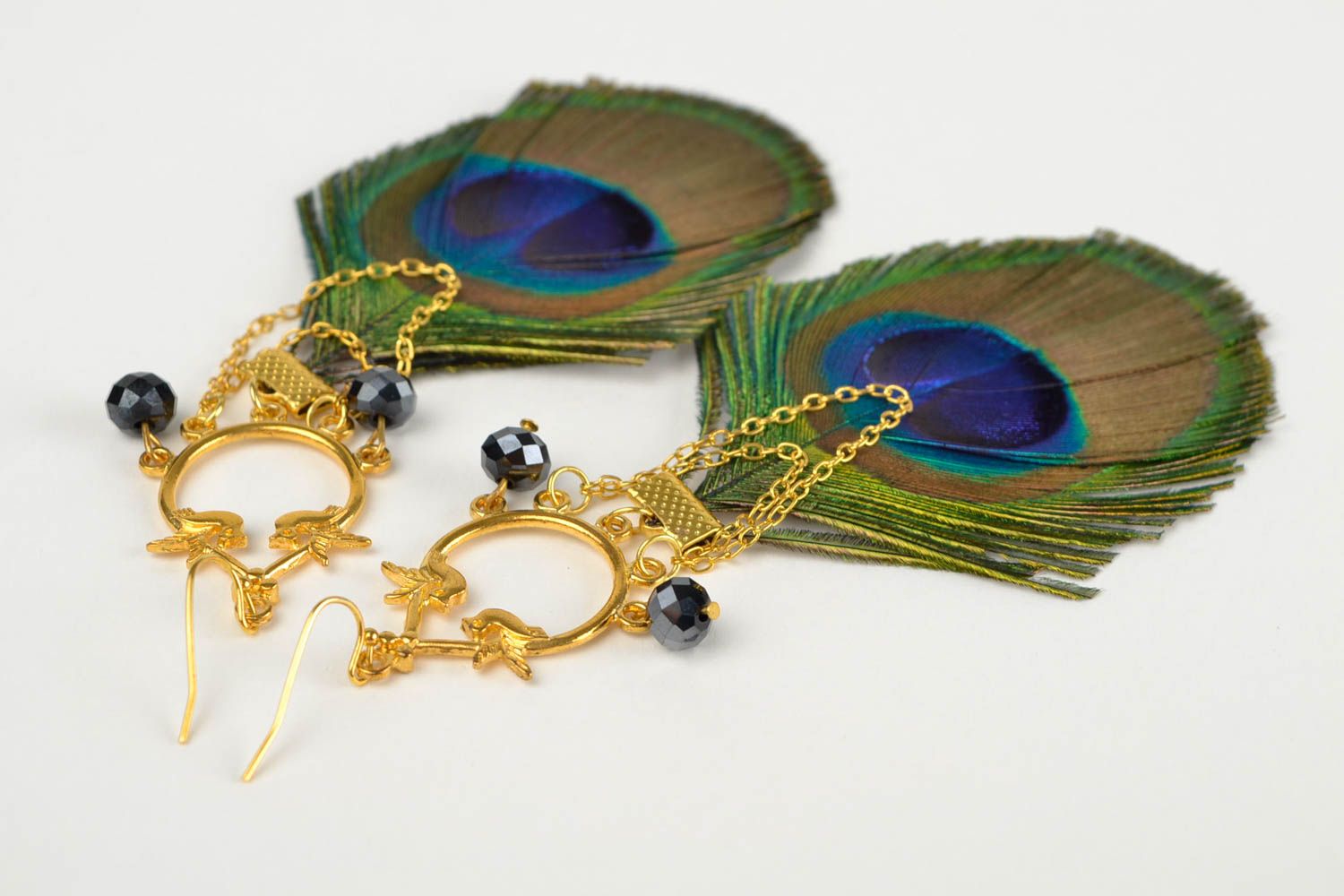 Handmade peacock feather earrings unique designer jewelry stylish present photo 5