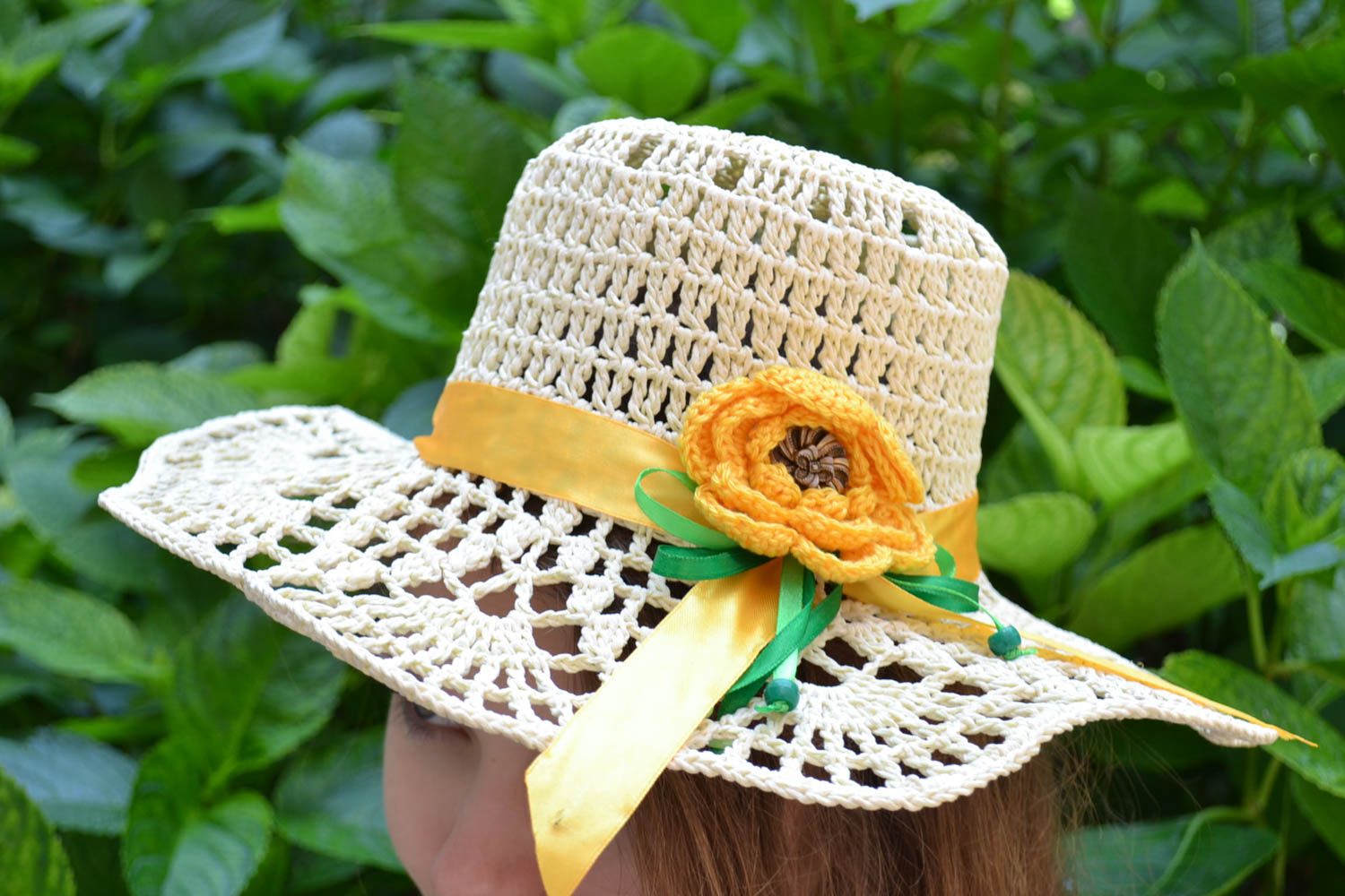 Handmade designer womens crocheted lacy summer hat with yellow artificial flower photo 1