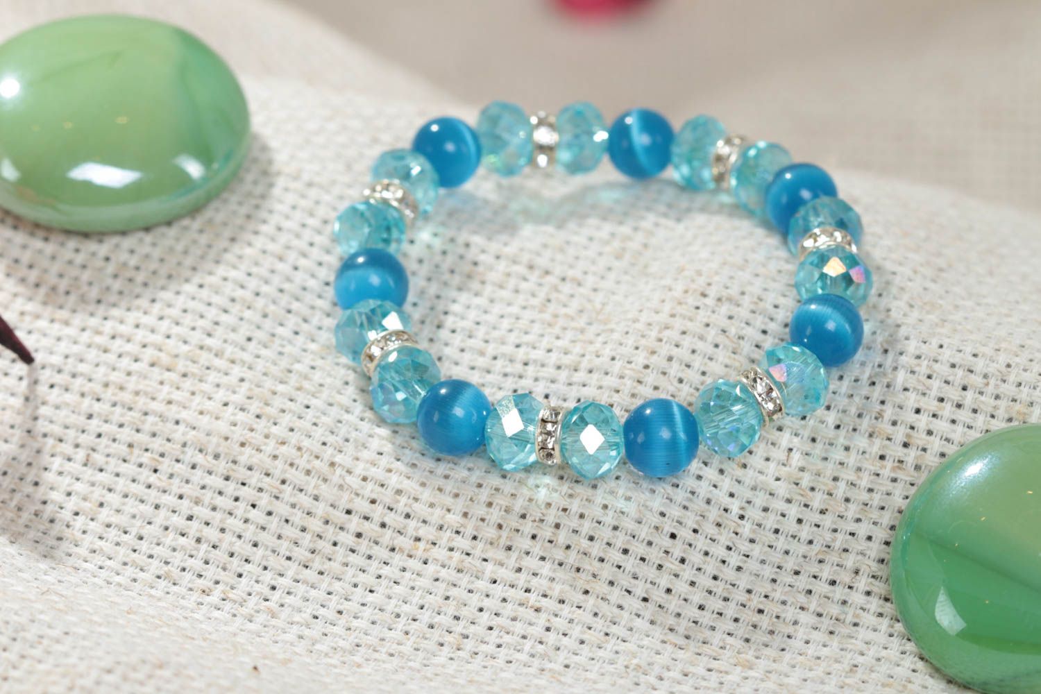 Handmade children's wrist bracelet with glass and crystal beads stretchy photo 1