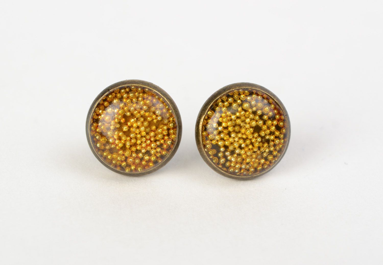 Yellow handmade round earrings with micro beads coated with jewelry resin photo 3