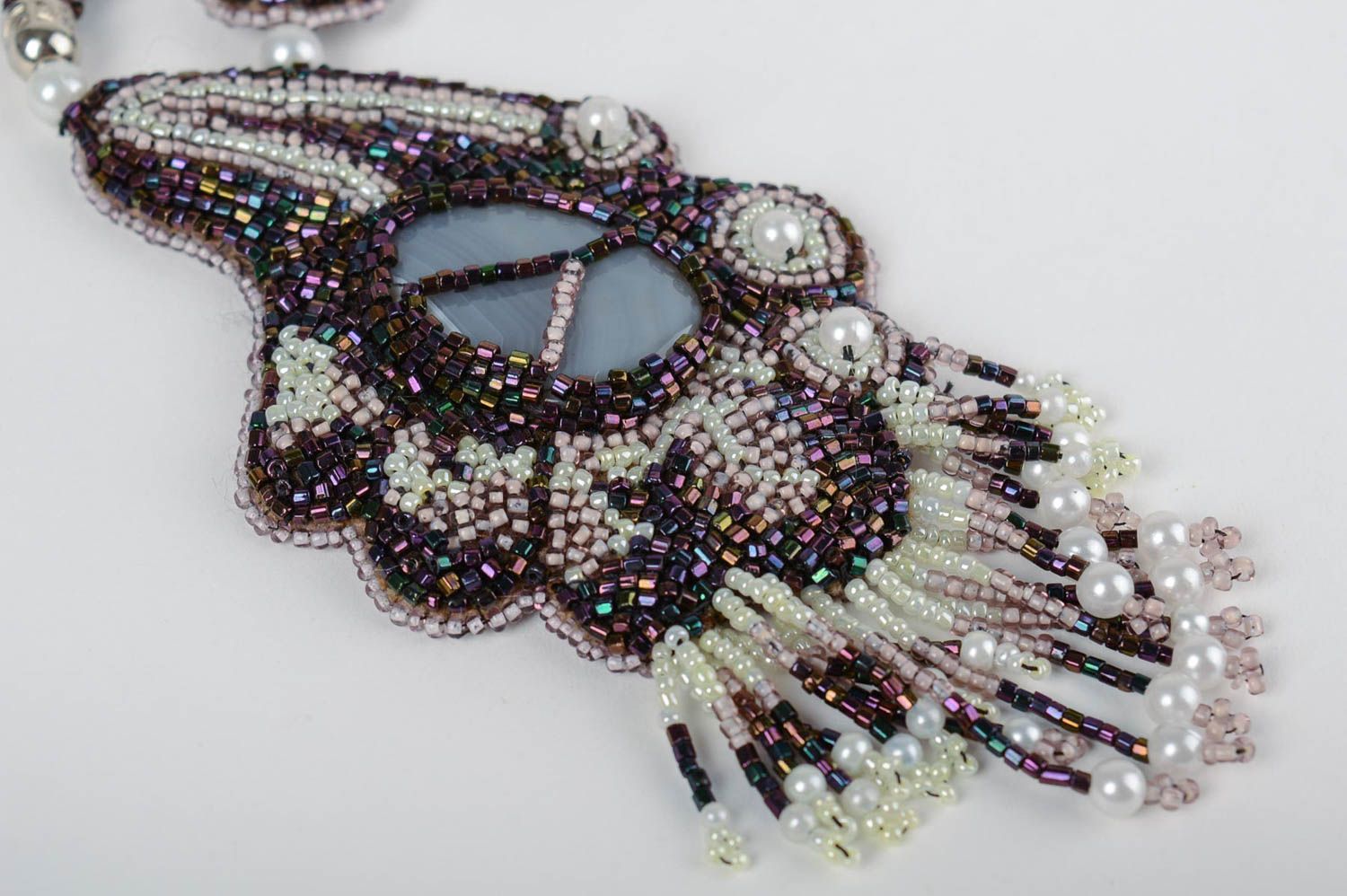 Collier pendentif avec agate Bijou fait main Cadeau femme en perles de rocaille photo 2