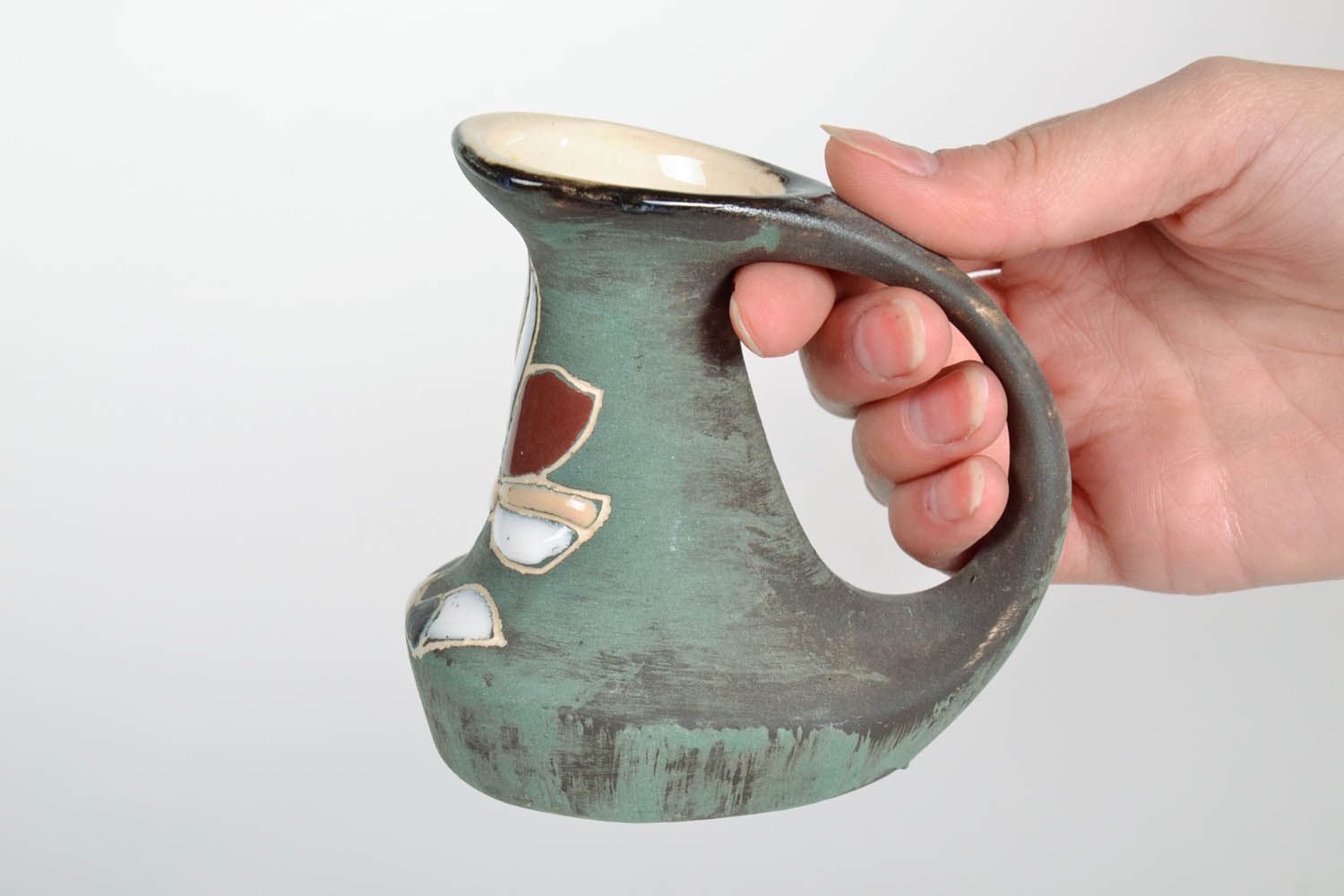 Ceramic handmade olive color pitcher with handle 0,32 lb photo 2