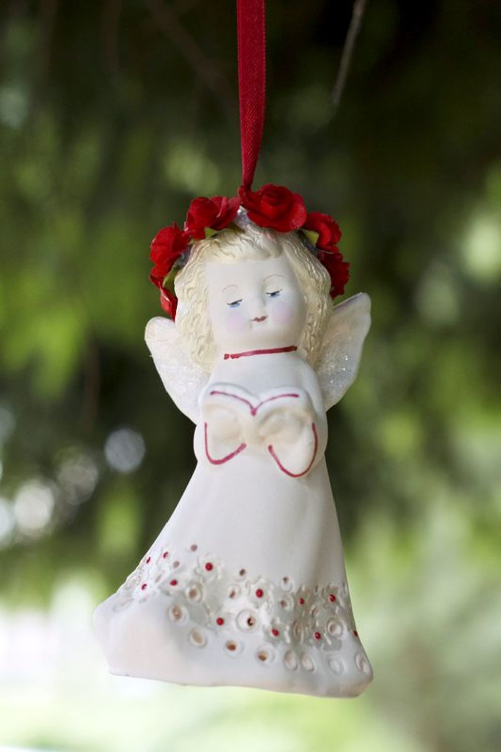 Колокольчик керамический подвеска декоративная Ангелок в красном веночке фото 1