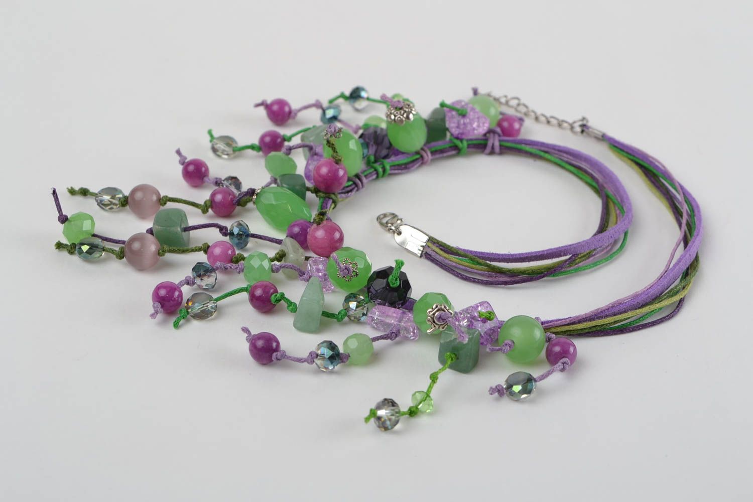 Beautiful handmade leather-based lilac necklace made of natural stones photo 4