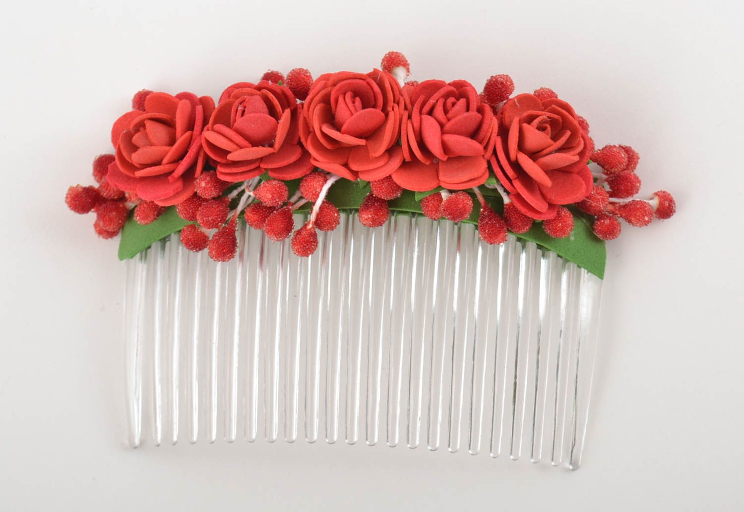 Peigne à cheveux fait main original en foamiran rouge avec roses accessoire photo 2