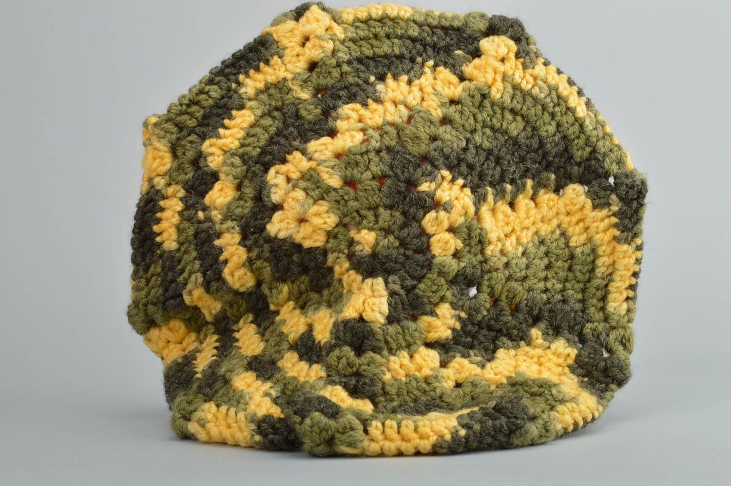 Béret tricoté à la main au crochet vert jaune en laine original pour femme photo 2