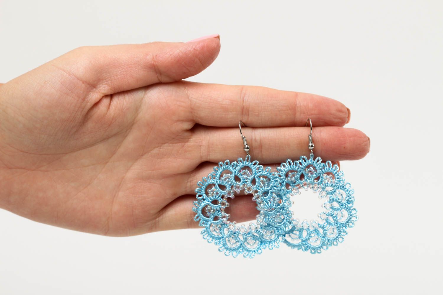 Blue handmade tatting earrings woven earrings ideas textile jewelry designs photo 5