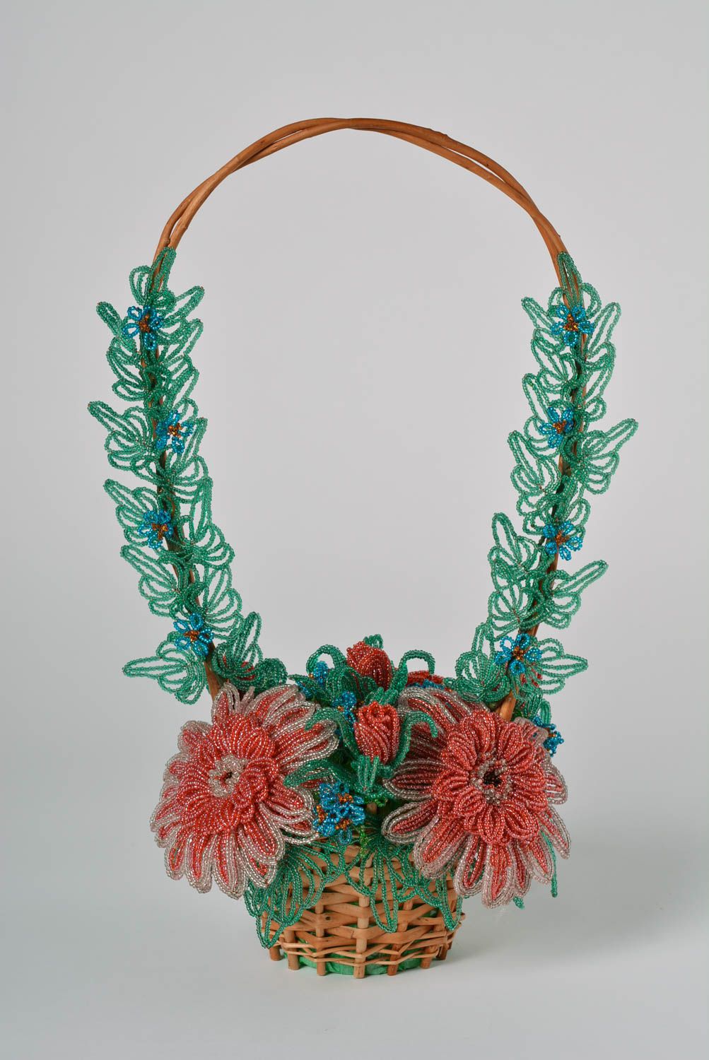 Decorative flower beaded arrangement in basket handmade home interior decor  photo 4