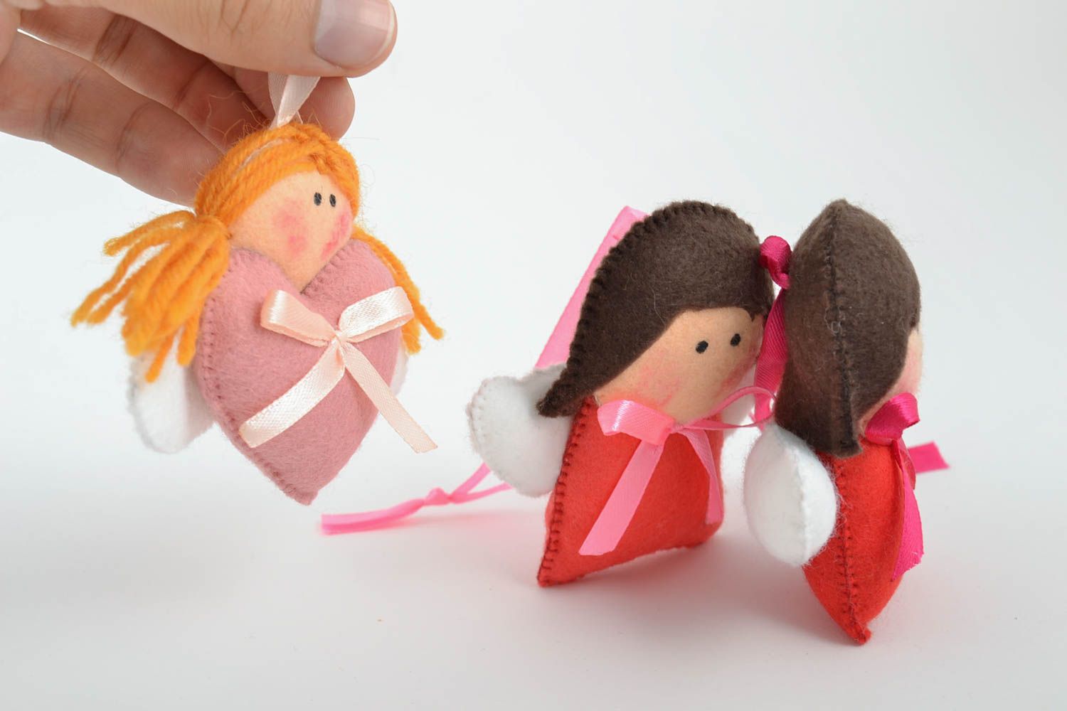Set of 3 handmade decorative felt fabric soft hanging toys Angels with eyelets  photo 5
