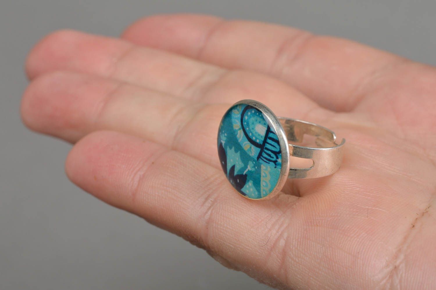Blue handmade designer decoupage epoxy ring on metal basis photo 4